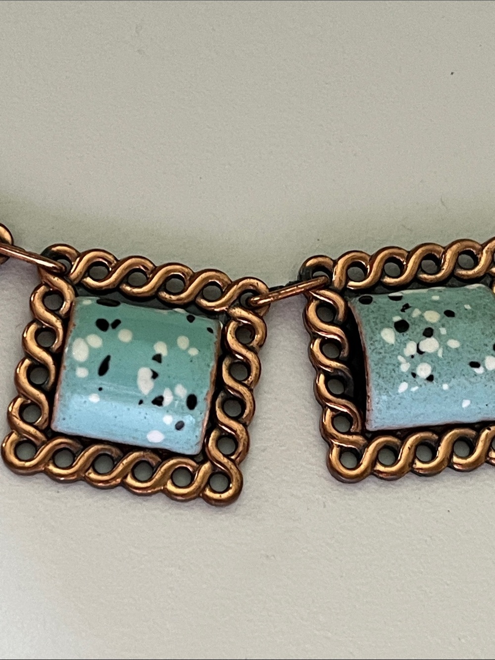 Vintage Mid-Century Copper Enamel Necklace Turquoise Speckled Squares 1950s - Picture 2 of 12